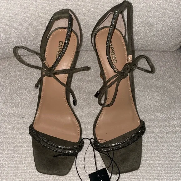 Express Suede and Crystal Strappy Sandal Heel in Olive - Picture 3 of 5